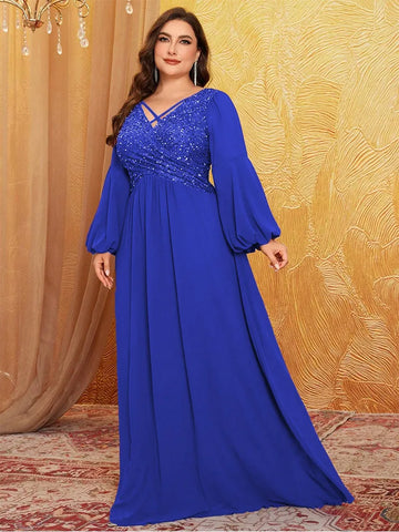 Women's 1-5XL Fashion Designer Sequin Chiffon Long Dresses (Plus Size)